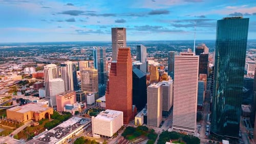 Aerial View of Downtown Houston Skyline at Golden Hour