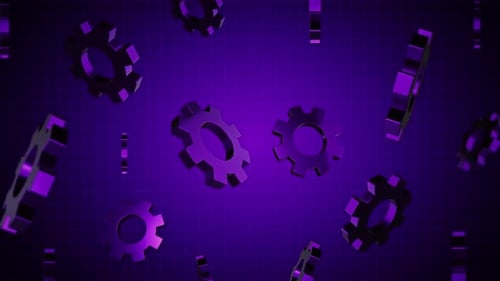 Animated 3D Gears Rotating on Futuristic Purple Grid Background