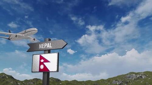 Nepal Flag With Airplane And Arrow Sign