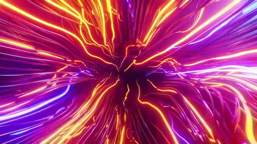 Futuristic neon light streaks racing through dark space tunnel