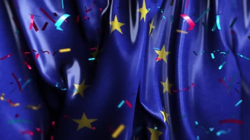 European Union Flag Waving with Celebration Confetti