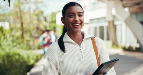 Face, woman and student with tablet for education, academic information and website for college