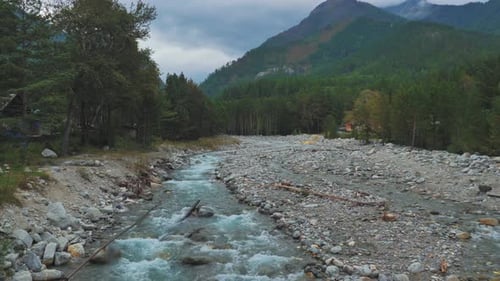 Beautiful Scenery of a Mountain River Sream Flowing Over the Rocks in the Middle of a Forest with
