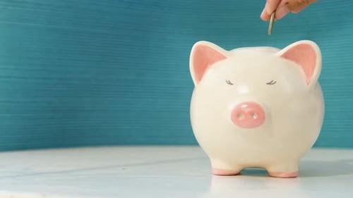 Saving money in a pig, Inserting coin inside pig
coin box, hand putting coins in piggy bank isolate