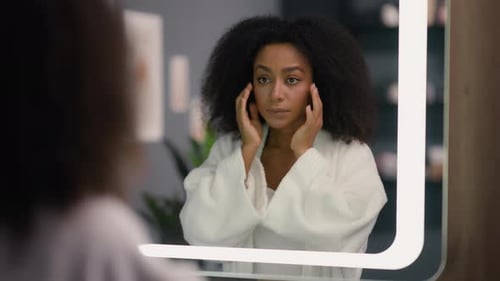 Worried African American Woman Looking in Mirror Feeling Stressed Facial Wrinkles Acne Blackheads