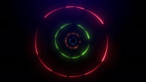 Camera flying through Neon Circle tunnel Background. Round Circle tunnel and cooler changing neon