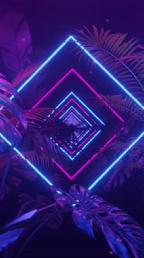 Vertical Video Neon Background with Purple and Blue Neon Dark Jungle and Tropic Plants Loop