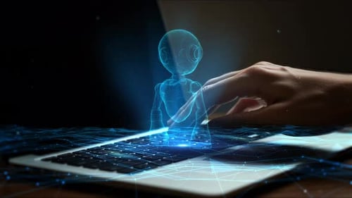 Holographic AI Robot Interacting on Laptop with Digital Network