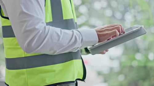 Architecture, tablet and research with hands of man in office for engineering