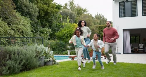 Family, running and children outdoor in backyard for playing, happiness and bonding at home