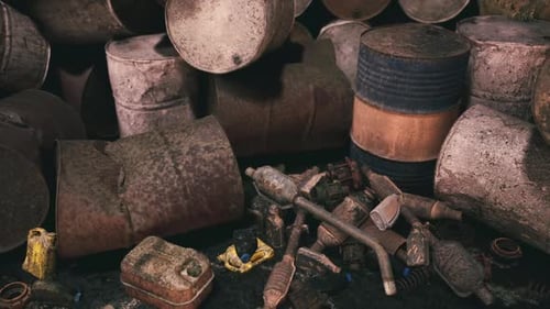 Waste Materials and Discarded Barrels in an Abandoned Industrial Site at Dusk