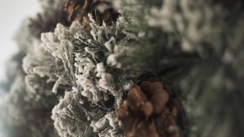 Slow motion of Christmas Advent wreath crown with pine cones - shallow focus close up