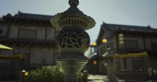 Traditional East Asian Street with Animated Decorative Stone Lantern