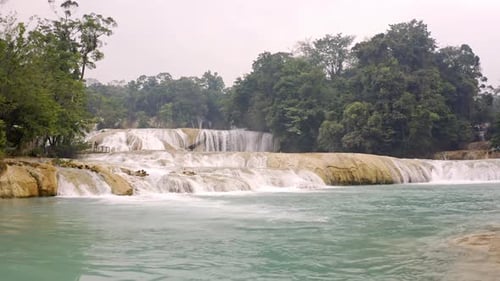 Aerial drone shot of the Agua Azul waterfalls in Chiapas, Mexico