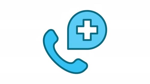 Medical emergency call icon with phone handset and cross speech bubble