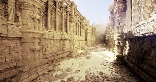 Ancient Ruins Reveal Intricate Carvings in a Sunlit Desert Landscape