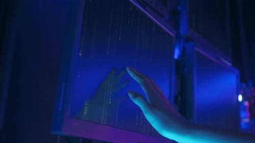 An Asian woman is touching interface on virtual reality screen , Technology futuristic concept .