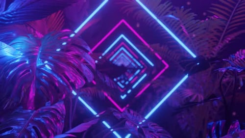 Neon Background with Purple and Blue Neon Dark Jungle and Tropic Plants Loop Animation