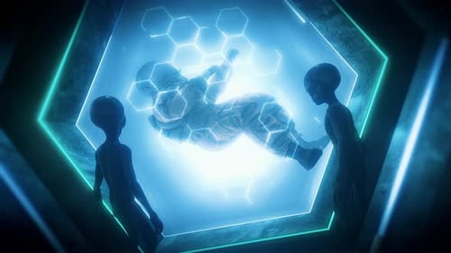 Aliens Observe Astronaut in Futuristic Stasis Chamber