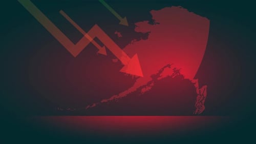 map alaska with red arrows down, economic crisis alaska animation 4k