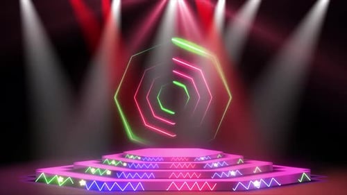 Vibrant Neon Stage Background with Rotating Hexagons