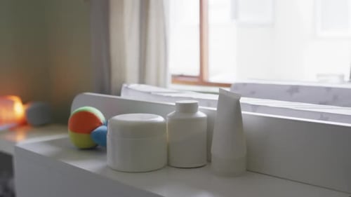 Video of newborn baby items and equipment standing on shelf