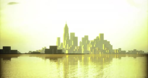 Sunset Reflections Over a City Skyline Near the Water Surface