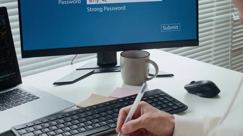 Male User Checking Login Screen on Monitor and Taking Notes
