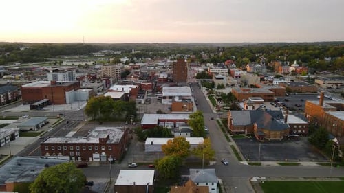 Downtown Massillon, Ohio Aerial View at Sunset. Crane Up Sunset N