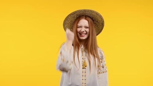 Ukrainian Ginger Woman Shows Triumph Yes Gesture of Victory She Achieved Result Goals