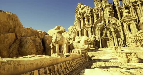 Majestic Ancient Ruins with Intricate Sculptures Under Clear Blue Sky