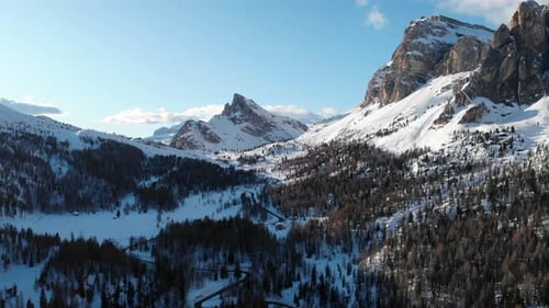 Alpine Valley With Snowy Peaks Serene Winter Mountain Scene Featuring Forests And Sunlit Summits