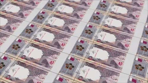 Stacks of Qatari Riyal Banknotes Printing Loop