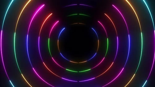 Multicolor Neon Circle Line Rising On Black Background. Abstract Glowing Neon Circle Moving On Black