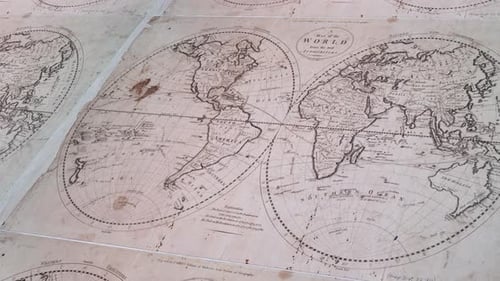 Flat ancient world map with double hemisphere layout
