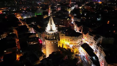 Aerial Night View of Galata Tower Lit Up in Istanbul City