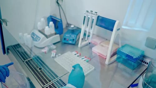 Researcher working in clinic. Laboratory worker places for blood samples on rack