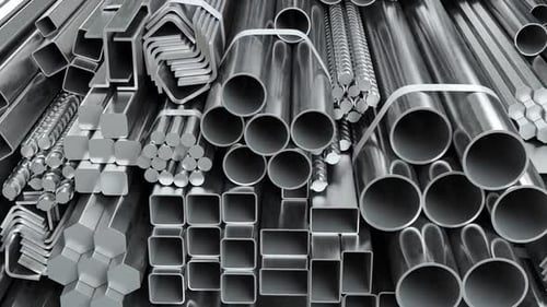 Different metal products. Stainless steel profiles and tubes. 3d video animation