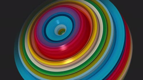 Zusammenfassung Dynamische Muster von regenbogenfarbenen Kreisen mit Verschiebungseffekt und kreisförmiger Bewegung.