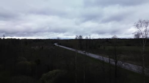 Eine dunstige Asphaltstraße schlängelt sich durch einen Wald unter bewölktem Himmel