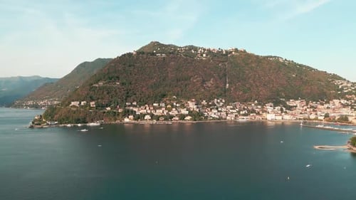 Panoramic Aerial View of the Lake Como in Italy Against the Backdrop of the Italian Alps The Famous