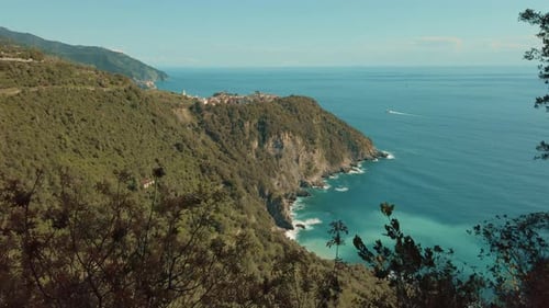 Cinque Terre Corniglia Parallax Coastal View with Clouds, Horizon, Italy, Peaceful Atmosphere