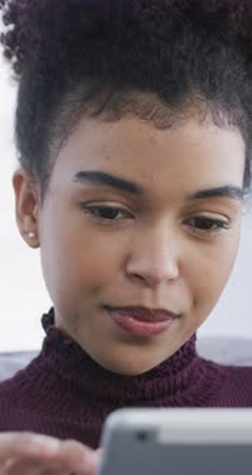 Scroll, smile or woman in house with tablet, movie streaming or post update on social media