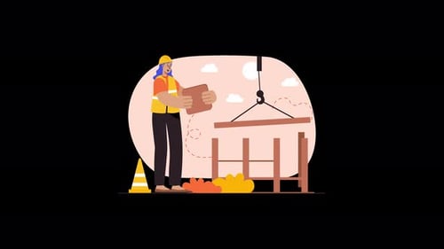 Trabajador en el sitio de construcción con grúa y herramientas