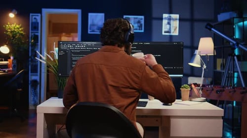 Developer Drinking Coffee and Listening Music While Writing Code