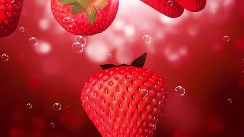 3D animation of strawberry fruit with a fresh red background
