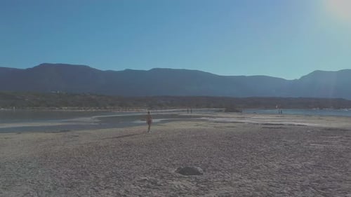 Woman walks on a idyllic paradise beach. Vacation concept. Aerial view