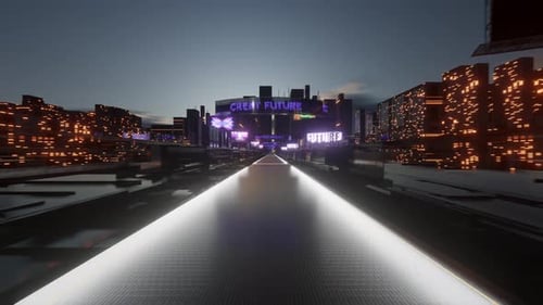 3d render futuristic empty road with neon lights, tall buildings on either side