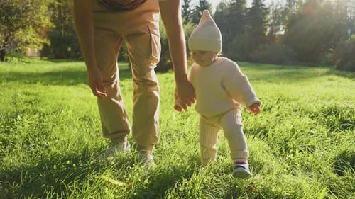 Toddler Exploring a Sunny Park in Autumn with Adult Supervision