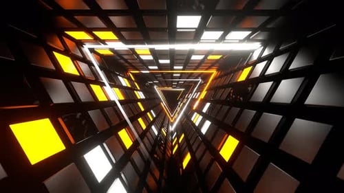 Orangefarbener und weißer Dreieckstunnel-Hintergrund mit Neon und Stroboskop, VJ Loop in 4K
